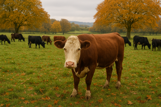 A group of cattle grazing in a green field during autumn, with orange and yellow trees in the background in rural Ireland.